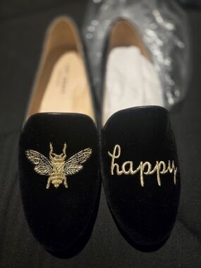 Black Velvet Women’s Loafers with Gold Bee & 'Happy' Embroidery
